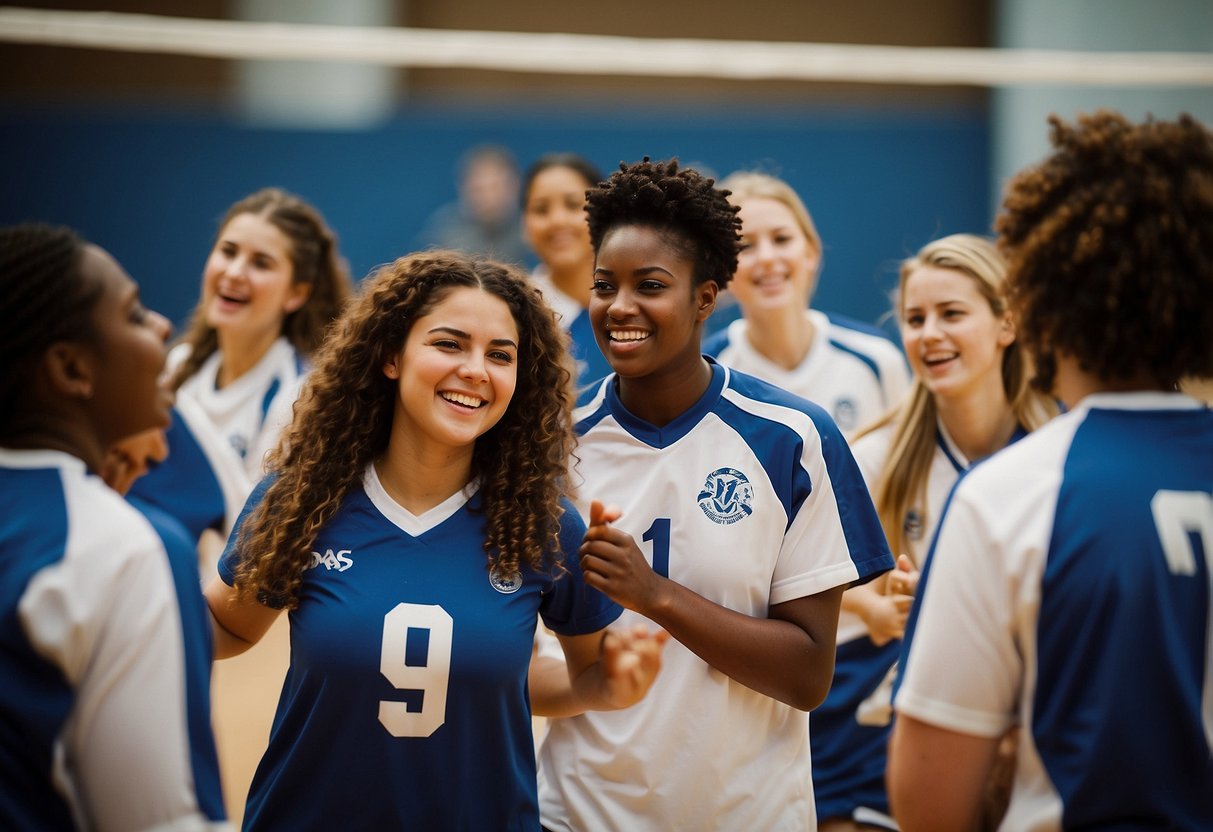 A group of students gather on the volleyball court, laughing and cheering as they engage in a spirited game. Banners and posters line the perimeter, showcasing the school's commitment to community and extracurricular involvement