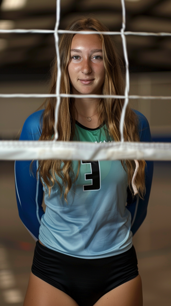 Taylor Deckert volleyball, usc commit teal uniform through net